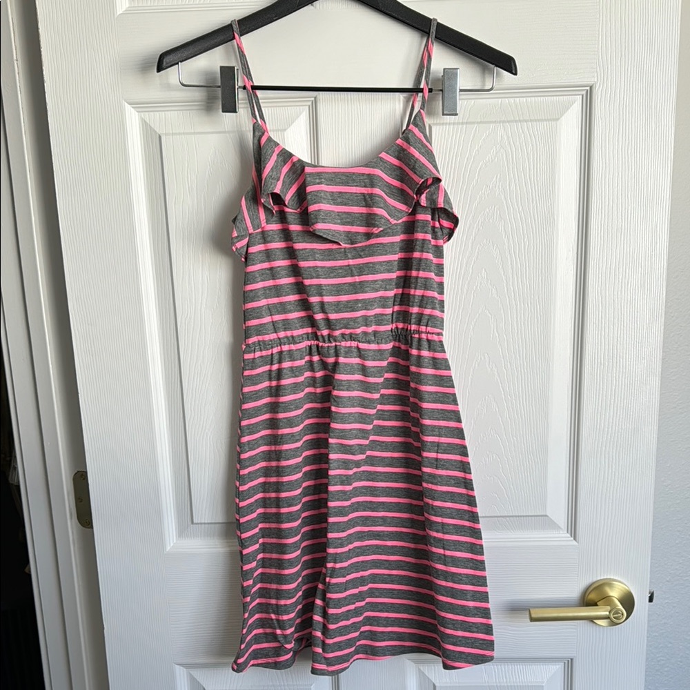 NWOT Pink and Gray Striped Spaghetti Strap Dress Cinched Waist Ruffled Detail